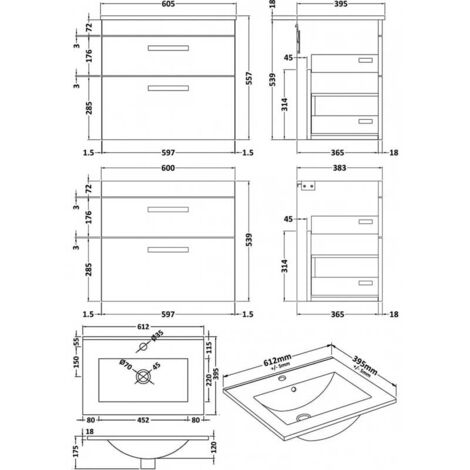 Nuie Athena Wall Hung 2-Drawer Vanity Unit with Basin-2 600mm Wide - Anthracite Woodgrain