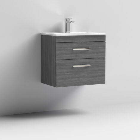 Nuie Athena Wall Hung 2-Drawer Vanity Unit with Basin-2 600mm Wide - Anthracite Woodgrain