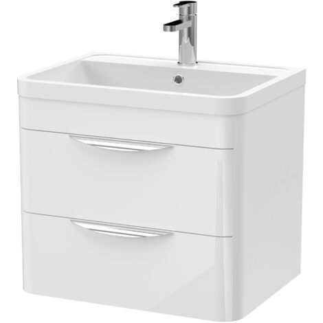 Nuie Parade Gloss White 600mm Wall Hung 2 Drawer Vanity Unit and Polymarble Basin - FPA002