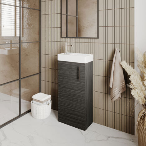 Nuie Vault Floor Standing 1-Door Vanity Unit with Basin 400mm Wide - Charcoal Black Woodgrain