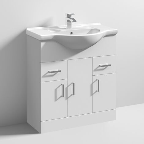 Nuie Mayford Floor Standing 3-Door and 2-Drawer Vanity Unit with Round Basin 750mm Wide - White