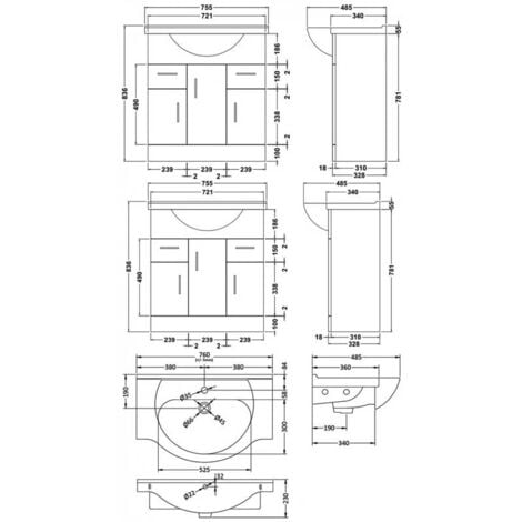 Nuie Mayford Floor Standing 3-Door and 2-Drawer Vanity Unit with Round Basin 750mm Wide - White