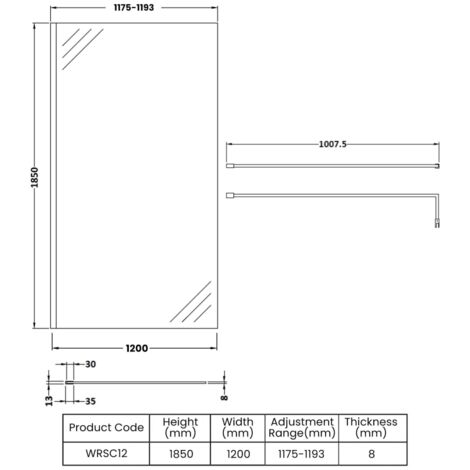 Nuie Wet Room Screen 1850mm High x 1200mm Wide with Support Bar 8mm ...