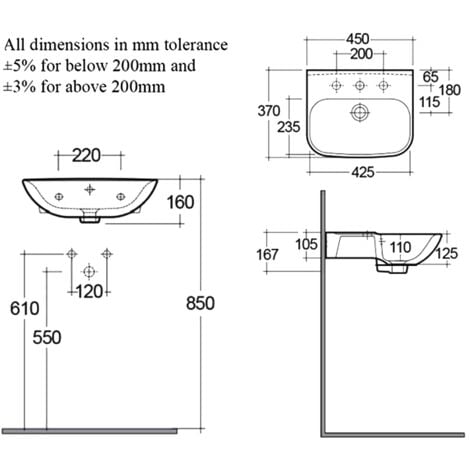RAK Origin 62 Cloakroom Basin 450mm Wide - 1 Tap Hole