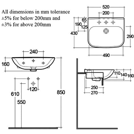 RAK Origin 62 Semi-Recessed Basin 520mm Wide - 1 Tap Hole