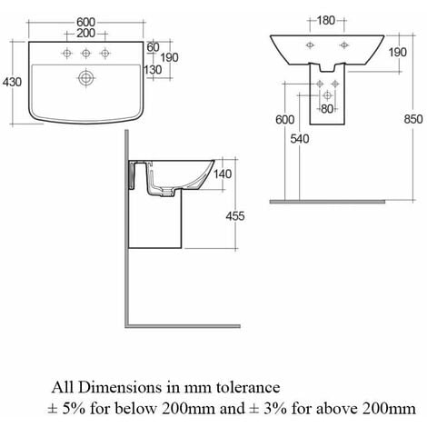 RAK Summit Basin and Semi Pedestal 600mm Wide - 1 Tap Hole