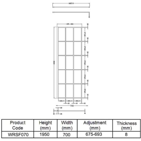 Hudson Reed Frame Effect Wet Room Screen with Support Bar 700mm Wide - 8mm Glass