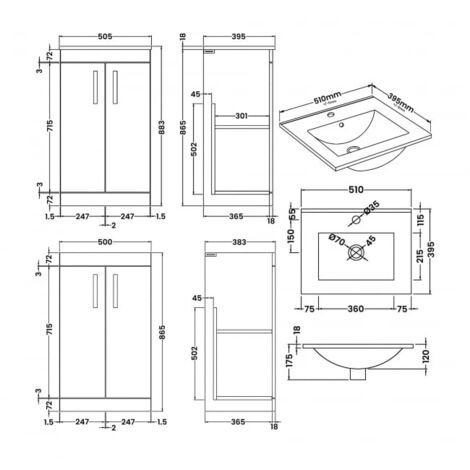 Nuie Athena Floor Standing 2-Door Vanity Unit with Basin-2 500mm Wide - Charcoal Black