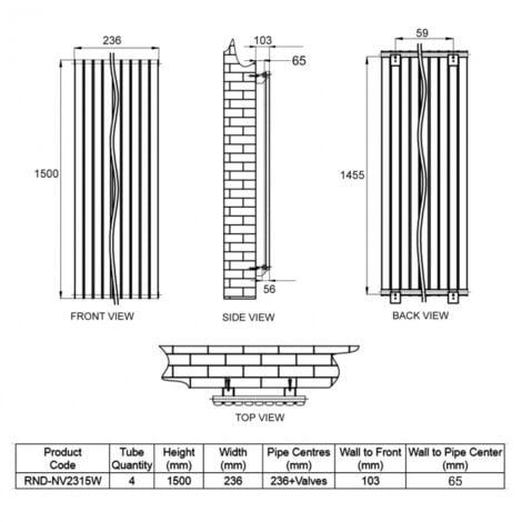 Reina Neva Designer Radiator 1500mm H x 236mm W Single White