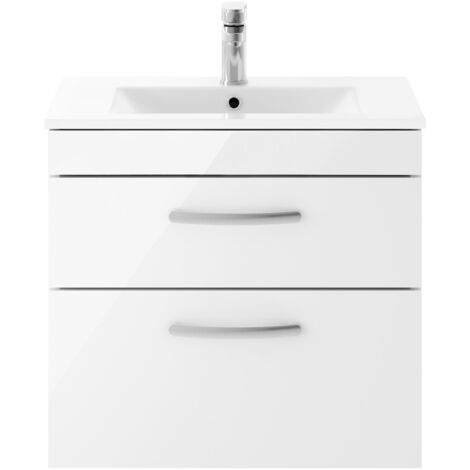 Nuie Athena Gloss White 600mm Wall Hung 2 Drawer Vanity Unit and Minimalist Ceramic Basin - ATH048B