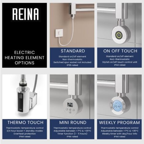Reina Diva Flat Heated Towel Rail 1200mm H x 400mm W Matt Black
