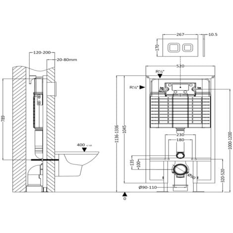 Hudson Reed Wall Hung Toilet Frame 1136mm-1336mm H with Dual Flush Concealed Cistern - Square Plate