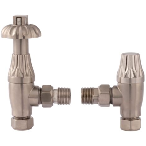 Bayswater Fluted Angled Thermostatic Radiator Valve + Lockshield Satin Nickel (1/2)