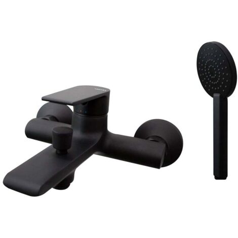 Vema Timea 2-Hole Bath Shower Mixer Tap with Shower Kit and Bracket Wall Mounted - Matt Black (1/2)