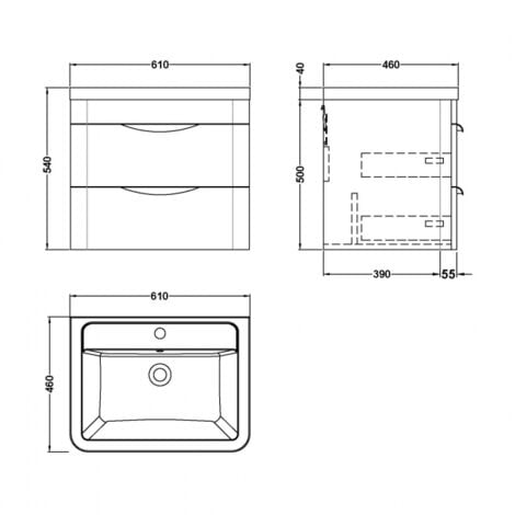 Nuie Parade Wall Hung 2-Drawer Vanity Unit with Ceramic Basin 600mm ...