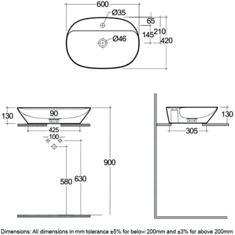 RAK Variant Oval Countertop Wash Basin 600mm Wide 1 Tap Hole - Alpine White