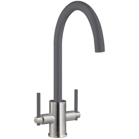 Prima Coloured Swan Neck Dual Lever Kitchen Sink Mixer Tap - Gun Metal/Brushed Steel (1/2)