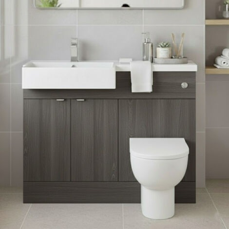 Hudson Reed Fusion LH Combination Unit with Square Semi Recessed Basin 1100mm Wide - Anthracite Woodgrain (1/5)