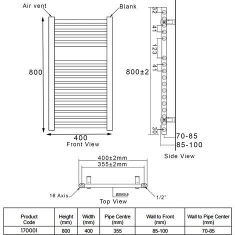 Heatwave Pisa Straight Heated Towel Rail - 800mm H x 400mm W - Black