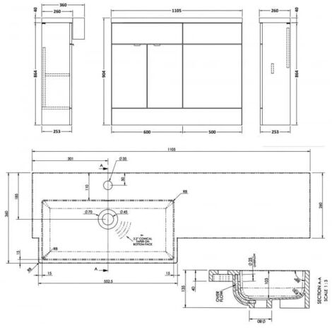 Hudson Reed Fusion LH Combination Unit with Square Semi Recessed Basin 1100mm Wide - Gloss Grey