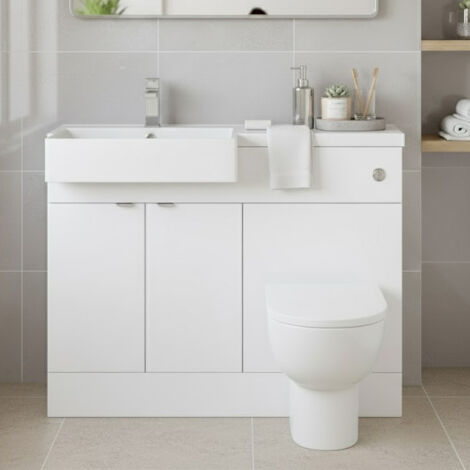 Hudson Reed Fusion LH Combination Unit with Square Semi Recessed Basin 1100mm Wide - Gloss White (1/4)