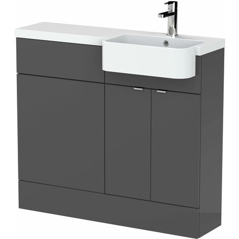 Hudson Reed Fusion RH Combination Unit with Round Semi Recessed Basin 1000mm Wide - Gloss Grey