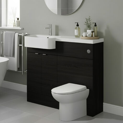 Hudson Reed Fusion LH Combination Unit with Round Semi Recessed Basin 1000mm Wide - Charcoal Black Woodgrain