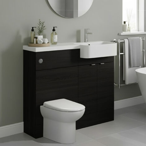Hudson Reed Fusion RH Combination Unit with Round Semi Recessed Basin 1000mm Wide - Charcoal Black Woodgrain (1/5)