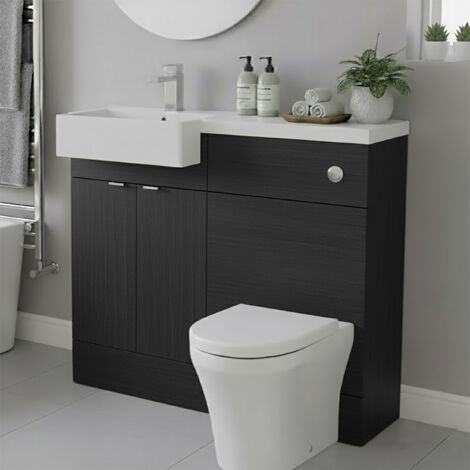 Hudson Reed Fusion LH Combination Unit with Square Semi Recessed Basin 1000mm Wide - Charcoal Black Woodgrain