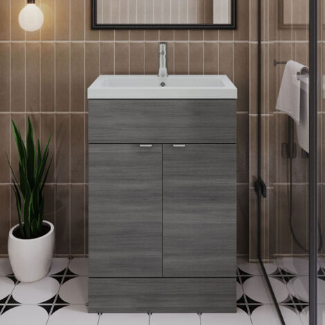 Hudson Reed Fusion Floor Standing Vanity Unit with Ceramic Basin 600mm Wide - Anthracite Woodgrain (1/5)
