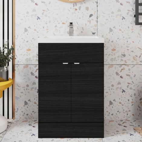 Hudson Reed Fusion Floor Standing Vanity Unit with Ceramic Basin 600mm Wide - Charcoal Black Woodgrain (1/5)