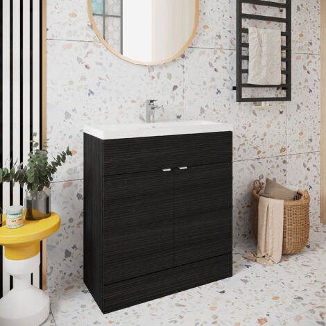 Hudson Reed Fusion Floor Standing Vanity Unit with Ceramic Basin 800mm Wide - Charcoal Black Woodgrain