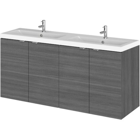 Hudson Reed Fusion Wall Hung 4-Door Vanity Unit with Double Ceramic Basin 1200mm Wide - Anthracite Woodgrain
