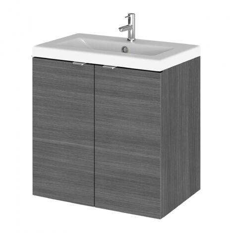 Hudson Reed Fusion Wall Hung 2-Door Vanity Unit with Ceramic Basin 500mm Wide - Anthracite Woodgrain (1/5)