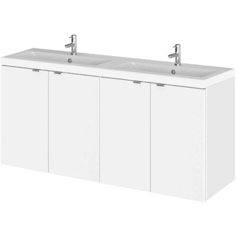 Hudson Reed Fusion Wall Hung 4-Door Vanity Unit with Double Ceramic Basin 1200mm Wide - Gloss White