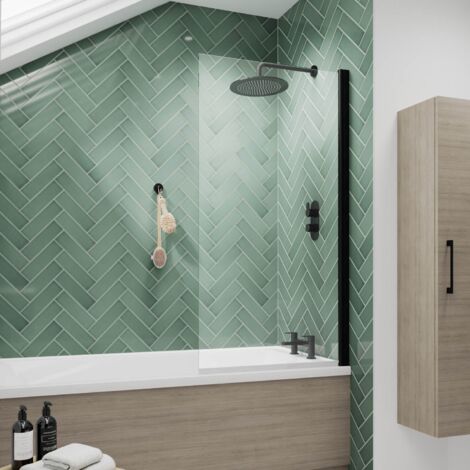 Nuie Pacific Matt Black Profile Hinged Bath Screen 1430mm H x 790mm W - 6mm Glass (1/5)