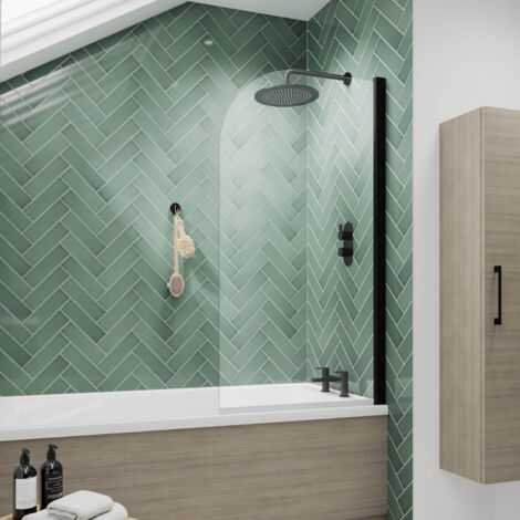 Nuie Pacific Matt Black Profile Round Top Hinged Bath Screen 1430mm H x 790mm W - 6mm Glass