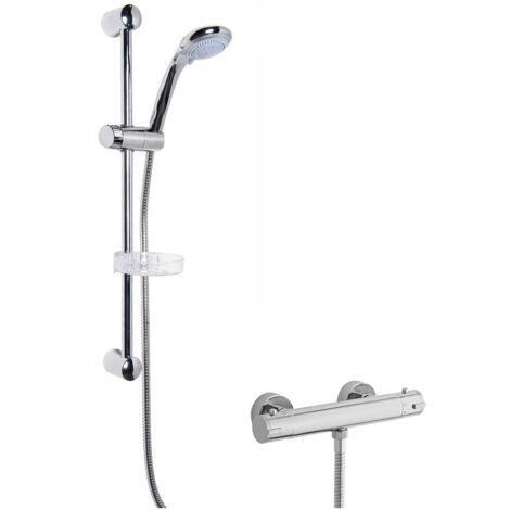 Nuie Minimalist Thermostatic Bar Shower Valve with Classic Multi Function Slider Rail Kit - Chrome
