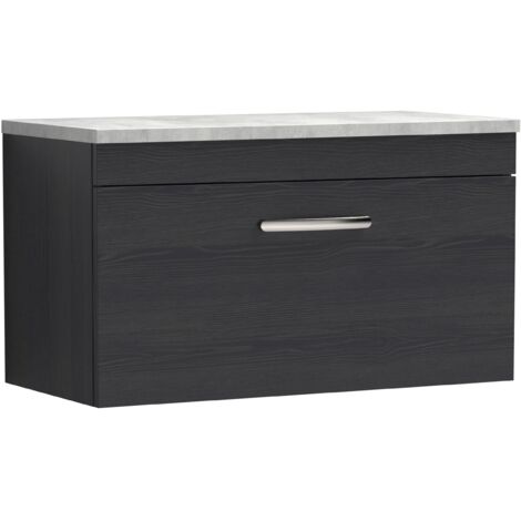Nuie Athena Wall Hung 1-Drawer Vanity Unit with Grey Worktop 800mm Wide - Charcoal Black Woodgrain