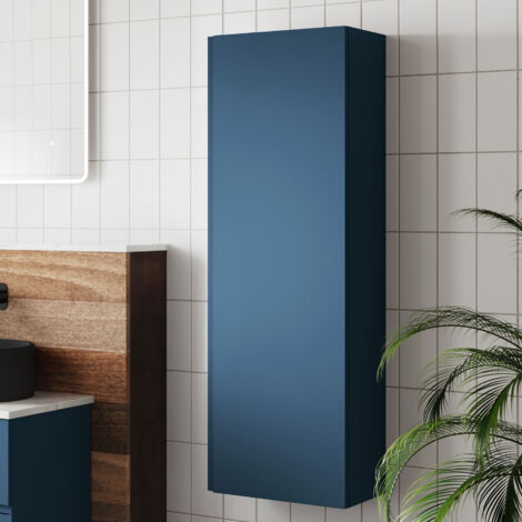 Vasari Silk Blue Wall Hung Tall Bathroom Cabinet Unit 1200x400mm Soft Close (1/4)