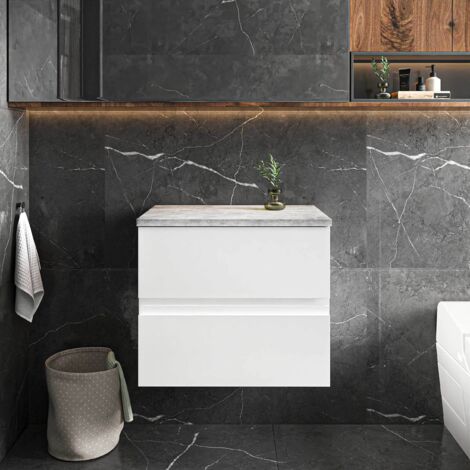 Hudson Reed Urban Wall Hung 2-Drawer Vanity Unit with Bellato Grey Worktop 600mm Wide - Satin White (1/5)