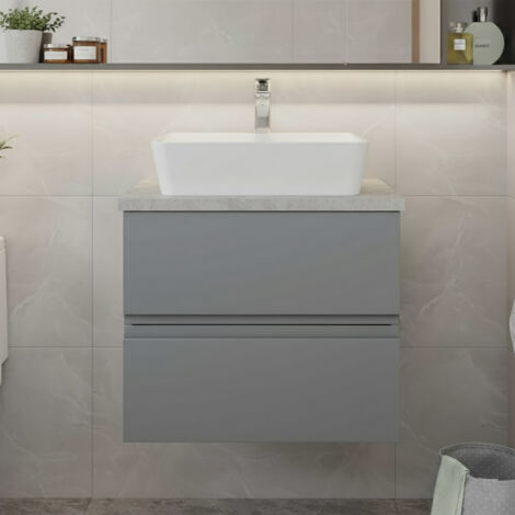 Hudson Reed Urban Wall Hung 2-Drawer Vanity Unit with Bellato Grey Worktop 600mm Wide - Satin Grey (1/5)