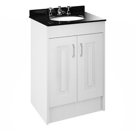 Nuie York Floor Standing Vanity Unit with Black Marble Basin 600mm Wide White Ash - 3 Tap Hole