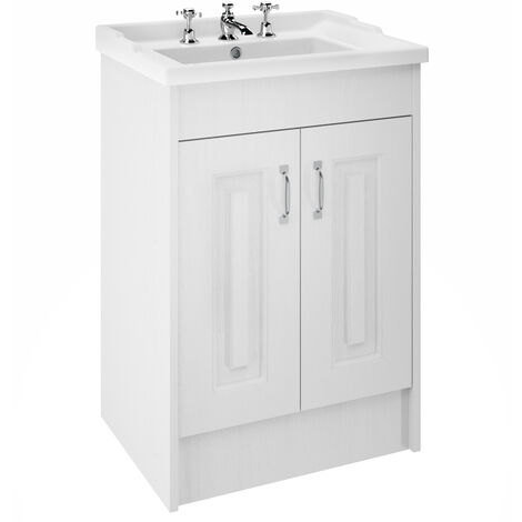 Nuie York Floor Standing Vanity Unit with Basin 600mm Wide White Ash - 3 Tap Hole