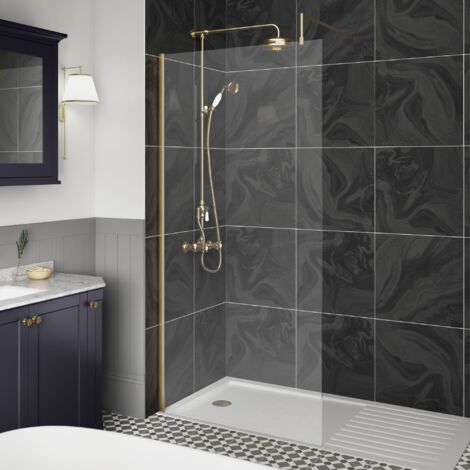 Hudson Reed Wet Room Screen with Brass Support Bar 1000mm Wide - 8mm Glass