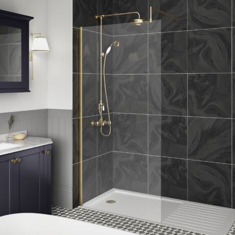 Hudson Reed Wet Room Screen with Brass Support Bar 1400mm Wide - 8mm Glass (1/3)