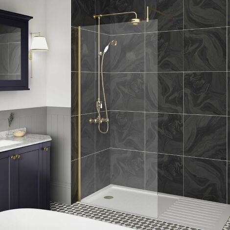 Hudson Reed Wet Room Screen with Brass Support Bar 900mm Wide - 8mm Glass (1/4)