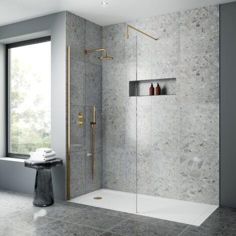 Nuie Wet Room Screen 1850mm High x 760mm Wide with Support Bar 8mm Glass - Brushed Brass