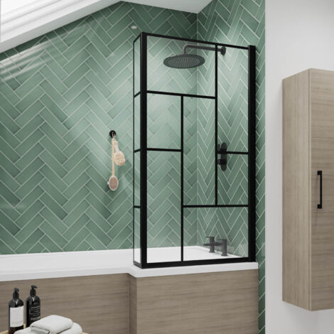 Nuie Abstract Matt Black Framed L-Shaped Bath Screen 1430mm H x 795mm W - 6mm Glass