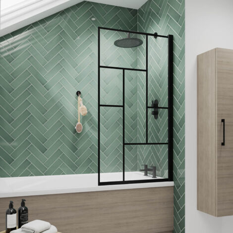 Nuie Abstract Matt Black Framed Square Bath Screen 1430mm H x 790mm W - 6mm Glass